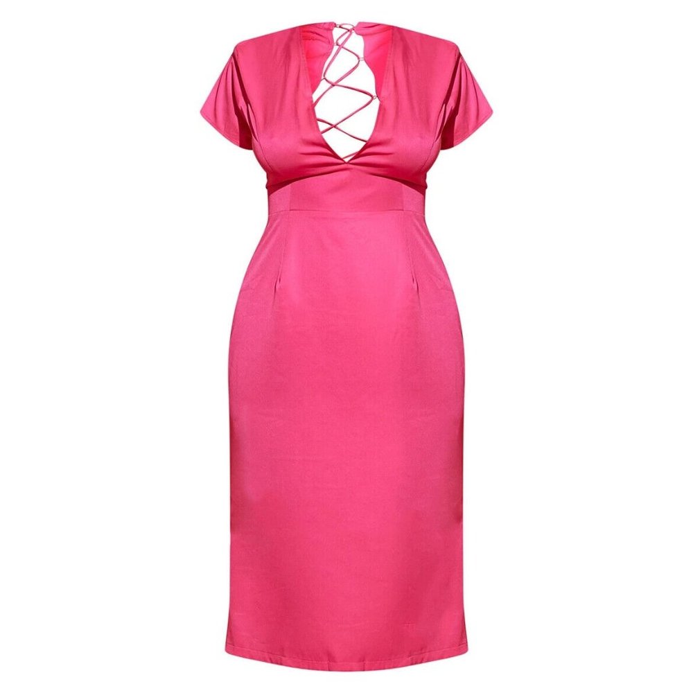 NWT Pretty Little Thing Plus PLUS HOT PINK LACE UP BACK SATIN MIDI DRESS